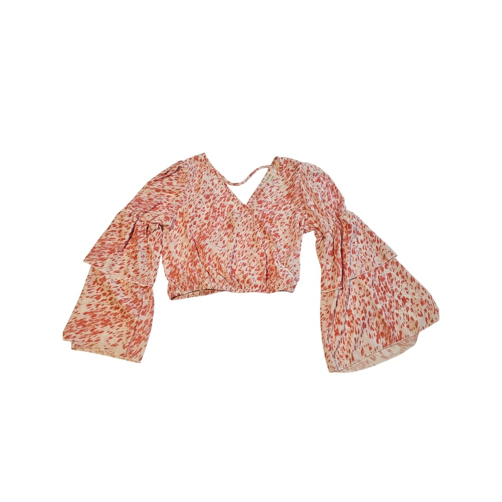 Peach Love California Crop Top Womens‎ M Pink Bell Sleeve Boho Wrap